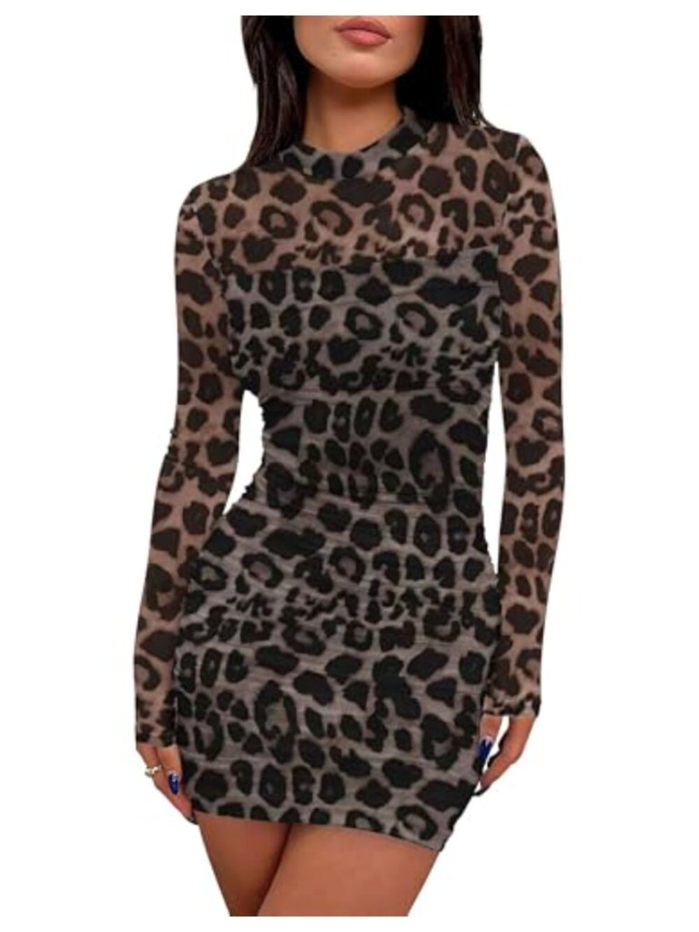Mesh Long Sleeve Ruched Bodycon Mini Dress Mock Neck Party Club